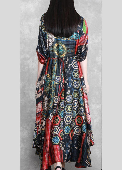 Vivid O Neck Tie Waist Summer Dresses Work Outfits Print Robe Dress