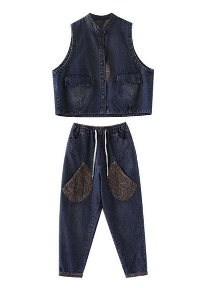 Handmade Blue Patchwork Denim Two Piece Set Outfits Sleeveless