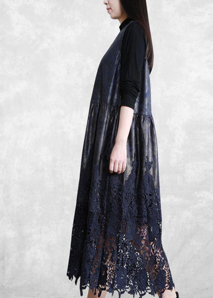 100% Hollow Out Patchwork Dresses Lnspiration Dark Blue Maxi Dress Fall