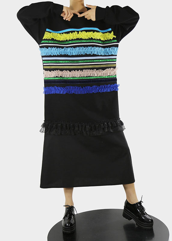 Art Black O-neck Ruffled Tulle Striped Patchwork Long Dresses Spring