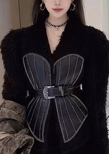 French Black V Neck Tie Waist Patchwork Leather and Fur Coats Spring
