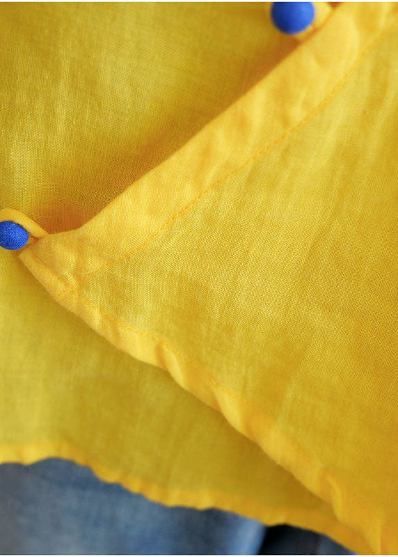 Yellow V Neck Embroideried Cotton Blouses Short Sleeve