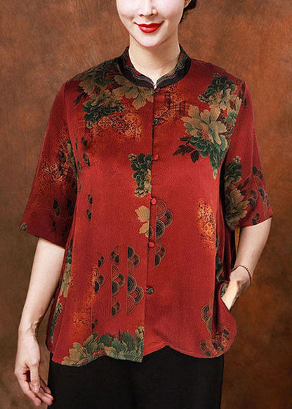French Blue O-neck Print Button Silk Shirt Tops Half Sleeve