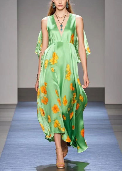 Green Cold Shoulder Print Silk Long Dresses Summer