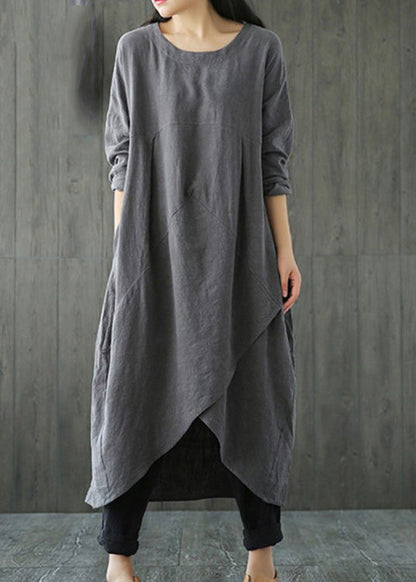 Grey Patchwork Linen Long Dresses Spring