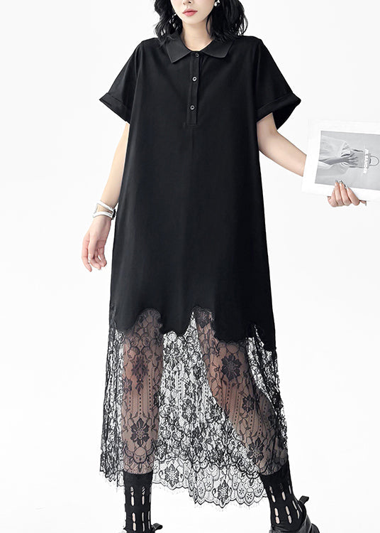 Black Peter Pan Collar Lace Patchwork Cotton Dresses Summer