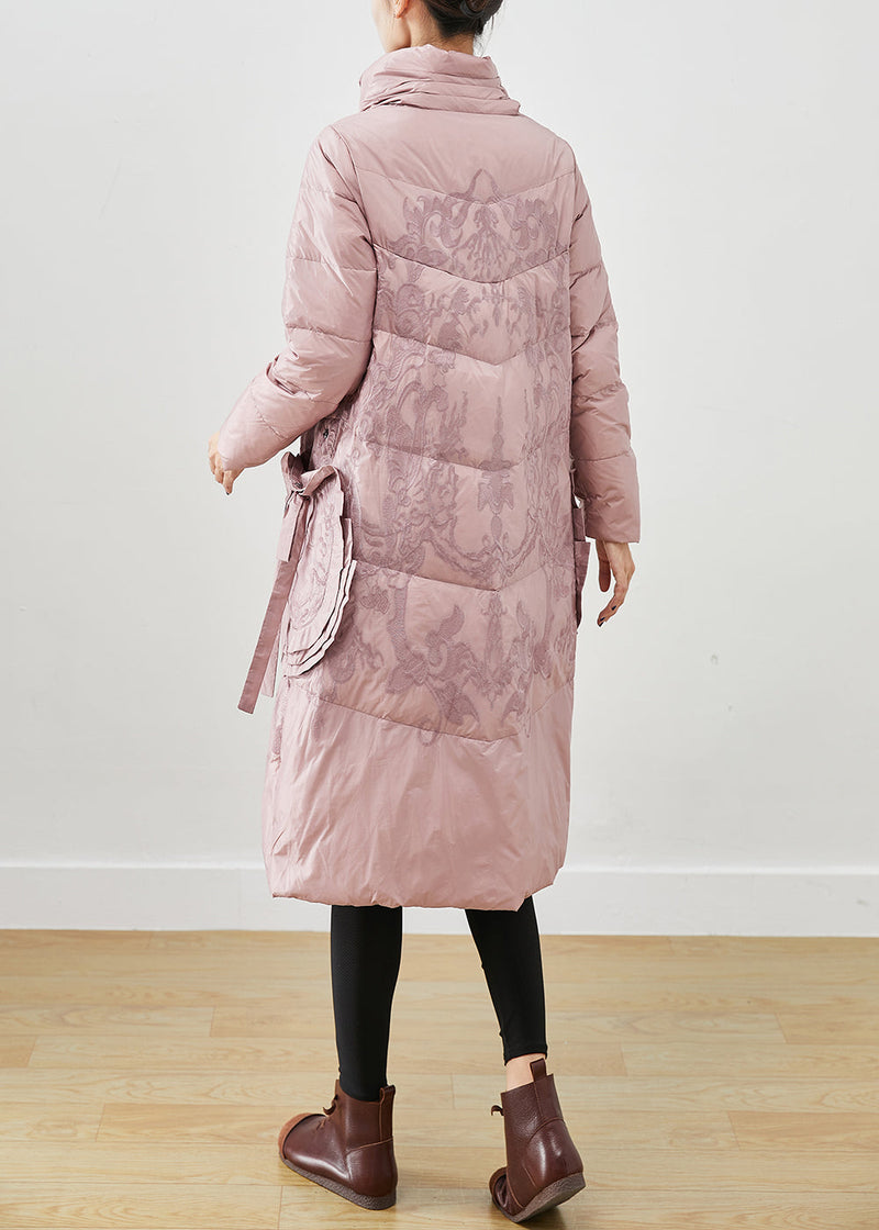 Art Pink Embroideried Bow Thick Duck Down Puffers Jackets Winter