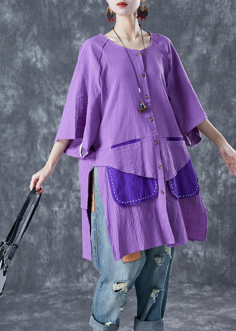 Purple Oversized Patchwork Cotton Shirt Summer