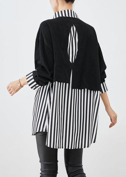Black Oversized Patchwork Striped Cotton Sweatshirts Top Fall