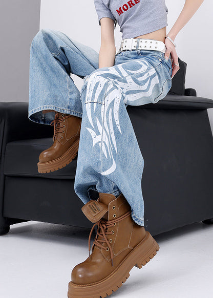 Blue Pockets Graffiti Denim Wide Leg Pants Fall