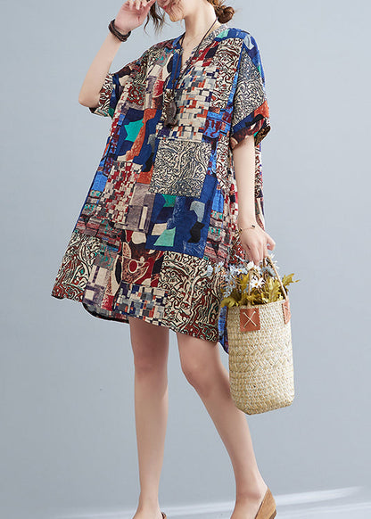 Loose Red V Neck Print Cotton Mid Dress Summer