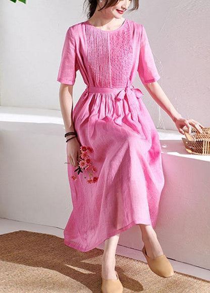 Style Rose Cinched Sashes Summer Ramie Sundress Half Sleeve