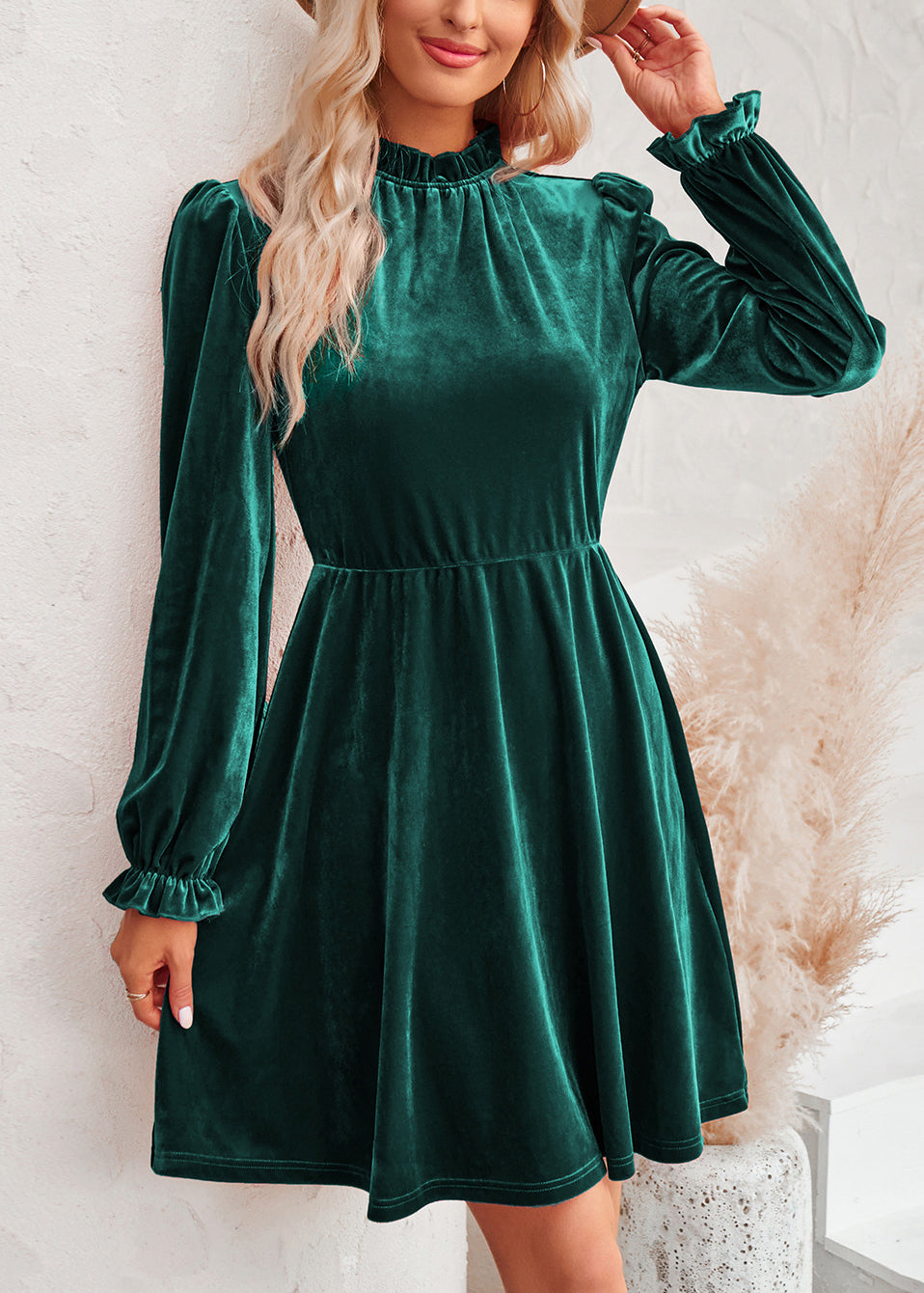 Blackish Green Ruffled Patchwork Velour Mid Dress Fall