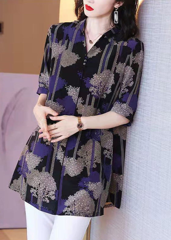 Black Button Peter Pan Collar Print Chiffon Shirt Tops Half Sleeve