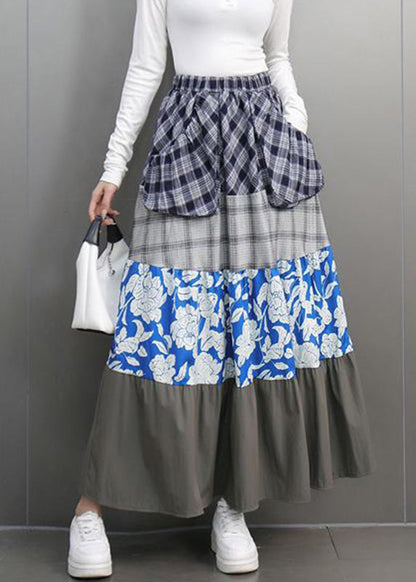 Colorblock Print Plaid Elastic Waist Maxi Skirts Spring