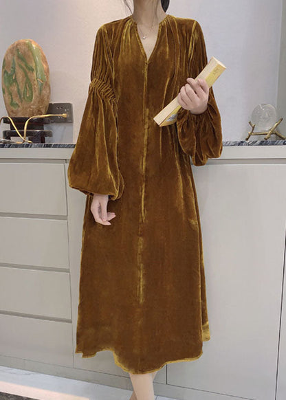 Yellow Puff Sleeve Pockets Velour Dress Spring