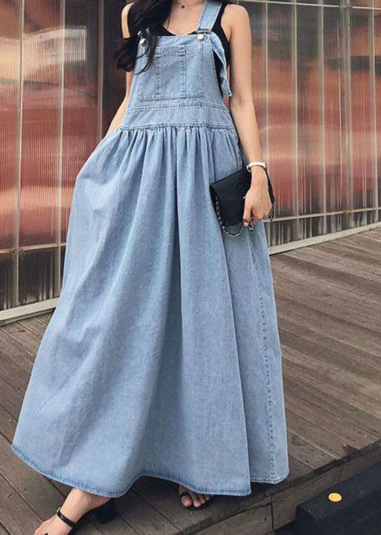 French Blue Wrinkled Patchwork Denim Long Dress Sleeveless Summer