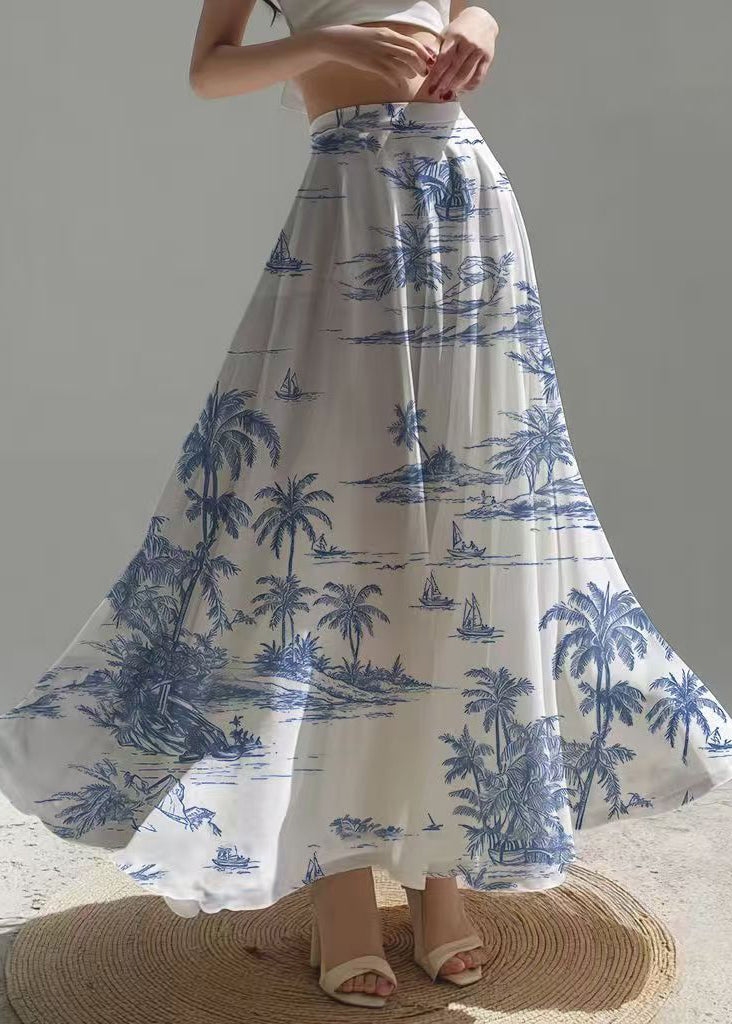 Style White Print Exra Large Hem Chiffon Skirt Summer
