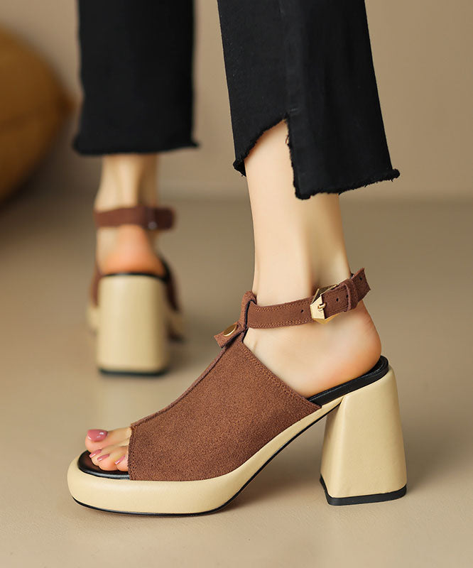 Black Peep Toe Buckle Strap Splicing Suede Chunky High Heels Sandals