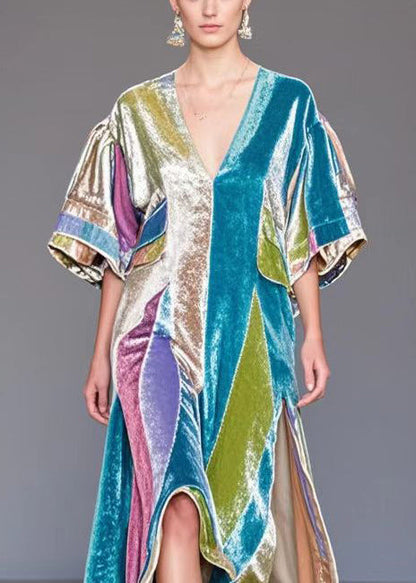 Colorblock Asymmetrical Side Open Silk Velour Long Dress Fall