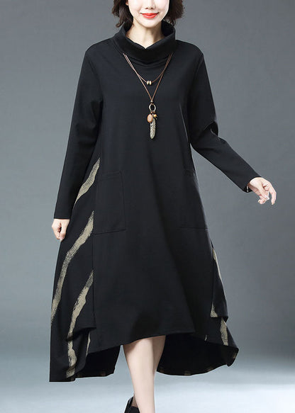 Black Striped Pockets Patchwork Cotton Dress Fall