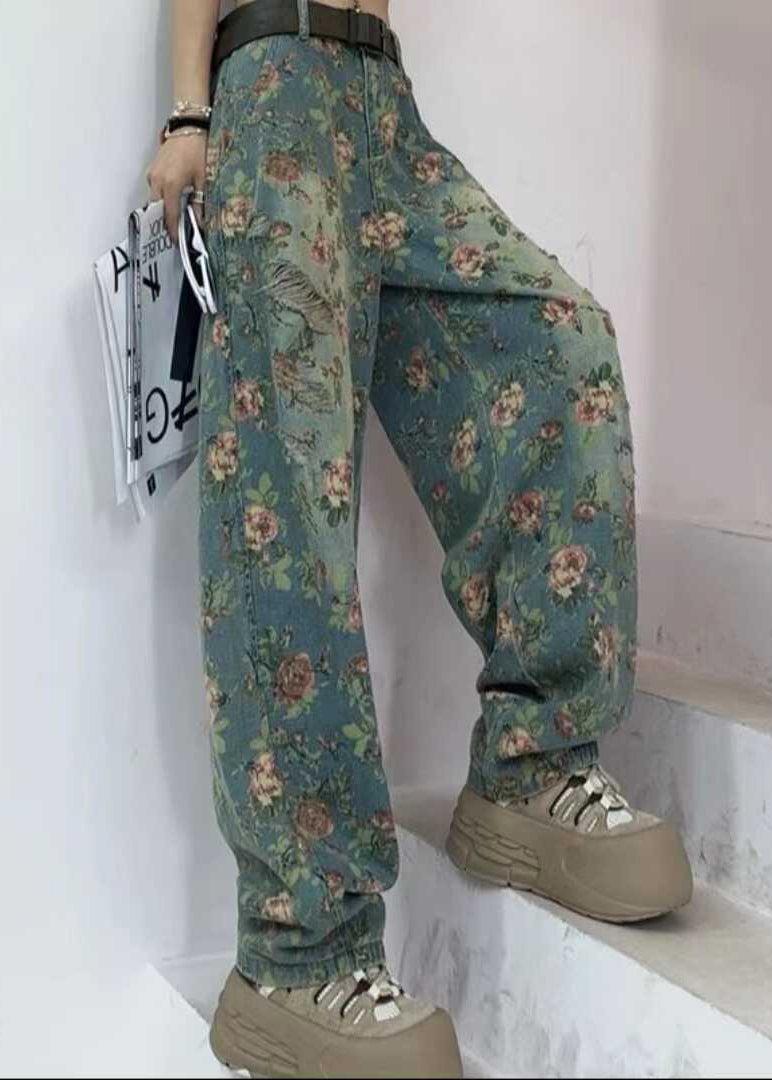 Tea Green Oversized Print Denim Pants Fall