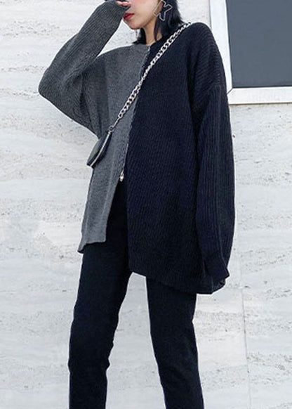 Simple Grey Side Open Zip Up Patchwork Knit Sweater Spring
