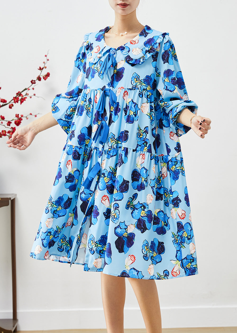 Blue Oversized Patchwork Print Holiday Dress Fall
