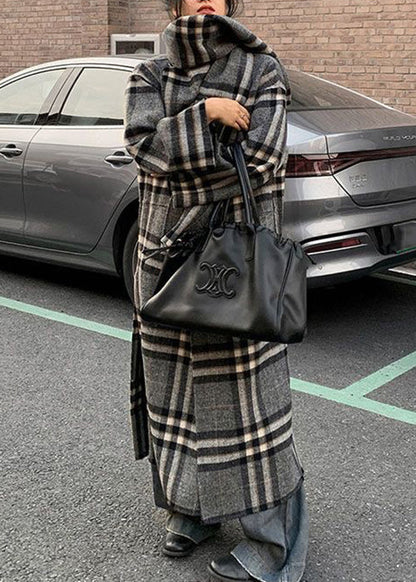Loose Grey Plaid Patchwork Scarf and Coat Two Pieces Set Long Sleeve