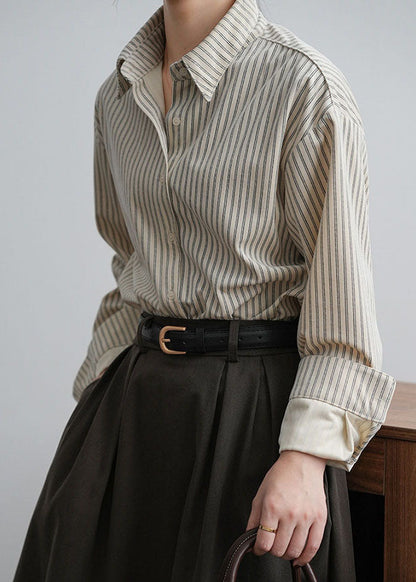 Mocha Peter Pan Collar Striped Low High Design Button Shirts Long Sleeve
