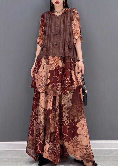 Brown Hooded Knit Patchwork Chiffon Tops and Wide Leg Pants Two Pieces Half Sleeve Spring