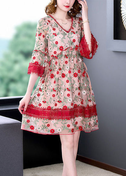 Red V Neck Embroideried Lace Patchwork Tulle Maxi Dresses Summer