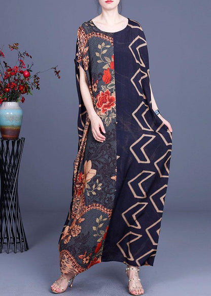 Navy Print Patchwork Batwing Sleeve Silk Long Dress Summer