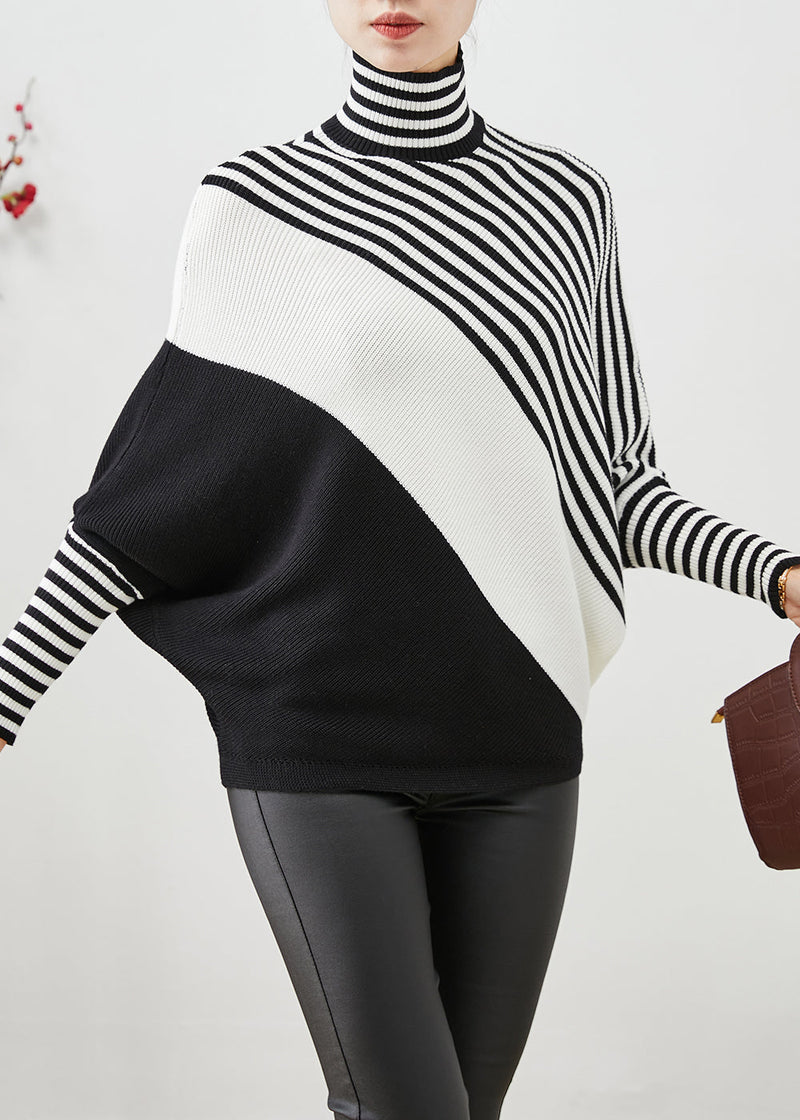 Black Oversized Striped Knit Sweater Batwing Sleeve
