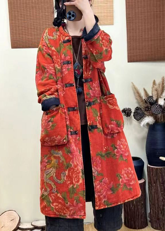Green Pockets Print Chinese Button Fine Cotton Filled Coat Winter