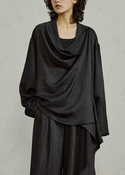 Loose Black Asymmetrical Top Tops Fall