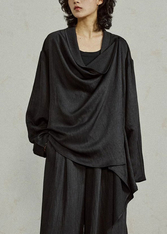 Loose Black Asymmetrical Top Tops Fall