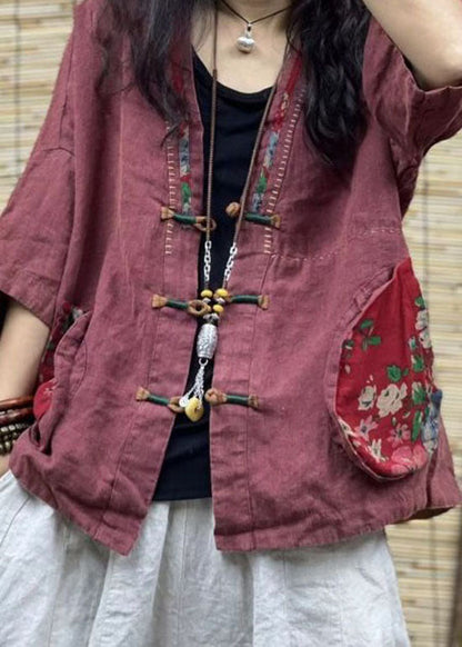 Black V Neck Pockets Chinese Button Patchwork Linen Coats Summer