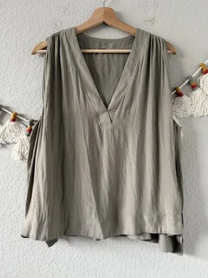 Summer Women's Cotton&Linen Sleeveless V-Neck T-Shirt 