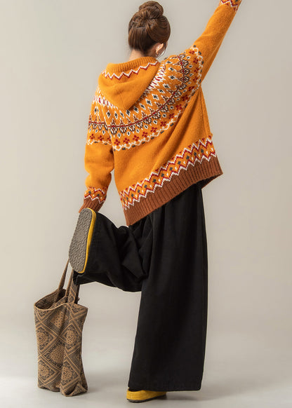 Stylish Orange Jacquard Hooded Knit Coat and Wide Leg Pants Two Pieces Set Spring