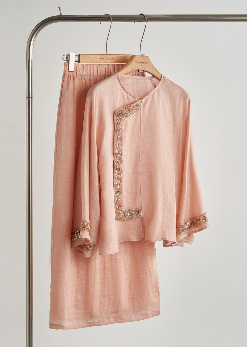 French Pink Sequins Embroidered Cotton Two Piece Set Clothing Fall