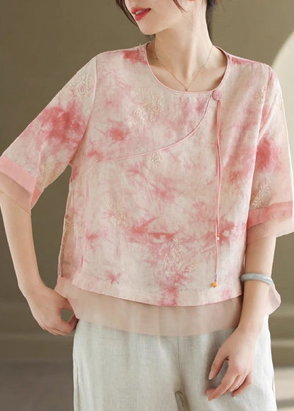 Light Green O Neck Tasseled Embroidered Linen Shirts Summer
