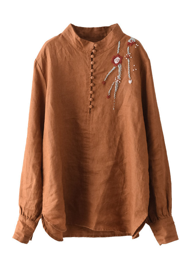 Navy Stand Collar Embroideried Button Linen Shirts Long Sleeve