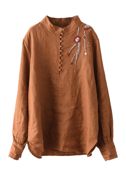 Navy Stand Collar Embroideried Button Linen Shirts Long Sleeve
