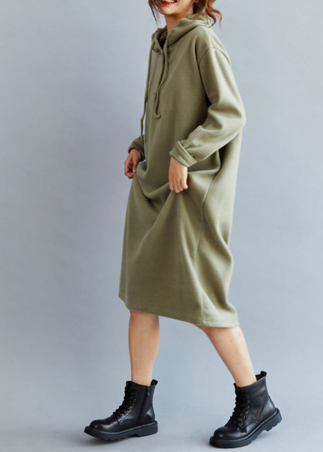 Green Hooded Cozy Warm Fleece Sweatshirt Dress Spring