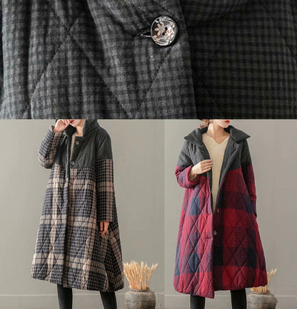 Thick Gray Plaid Coats Clothing Coats Stand Collar Button Down Outwear