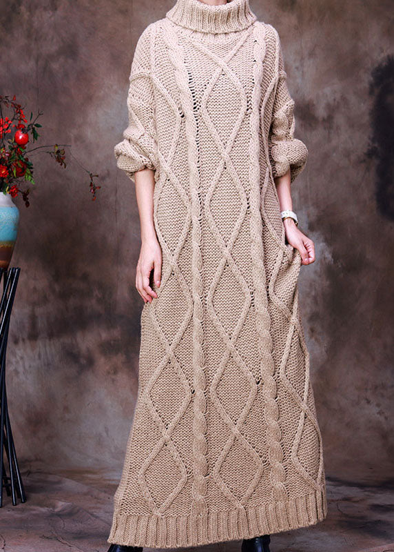 French Khaki Turtle Neck Hollow Out Knit Winter Sweater Dress