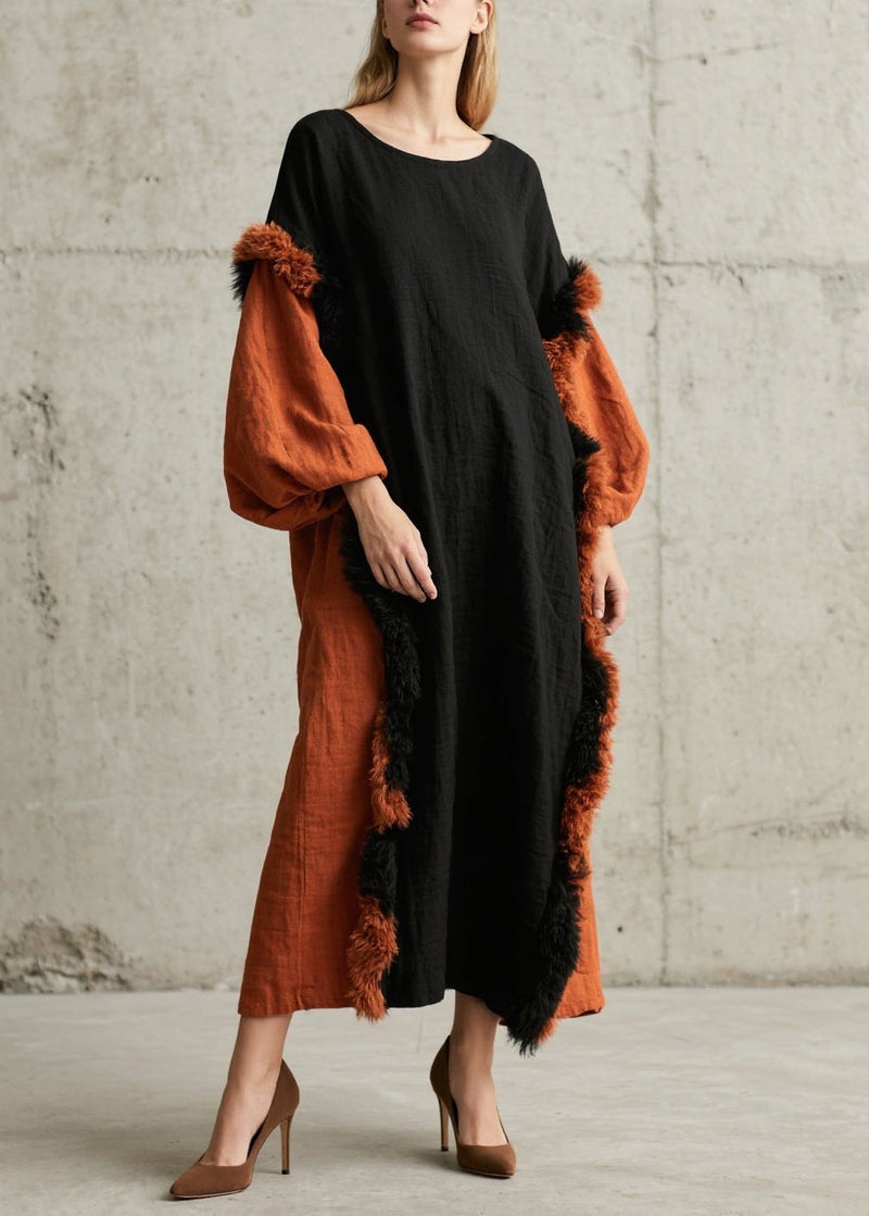 Colorblock Fuzzy Fur Fluffy Patchwork Cotton Maxi Dress Fall