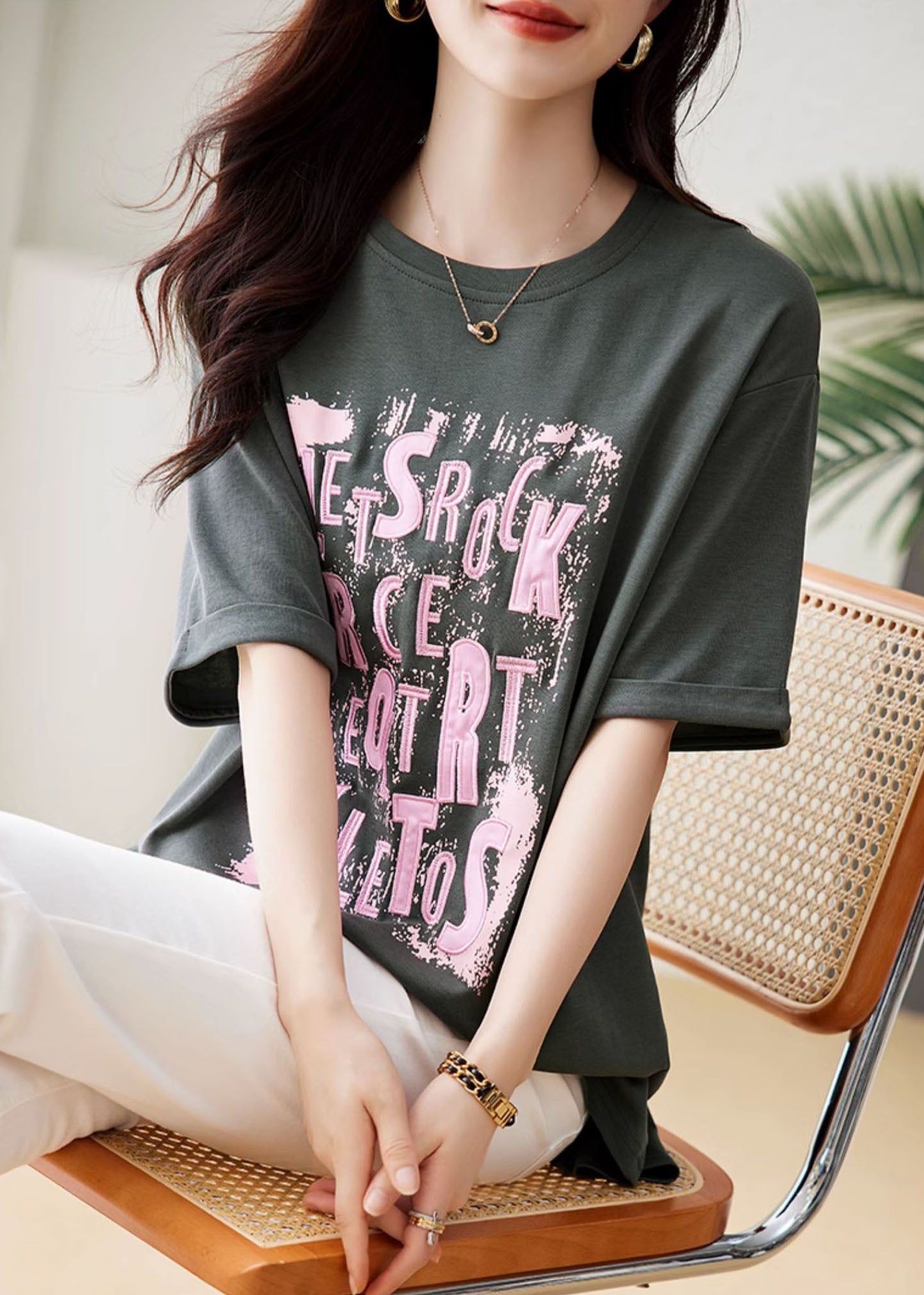 Loose Grey O-neck Print Top Short Sleeve