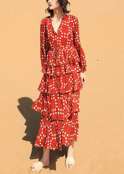 Red Ruffled Dot Chiffon Long Dresses Spring